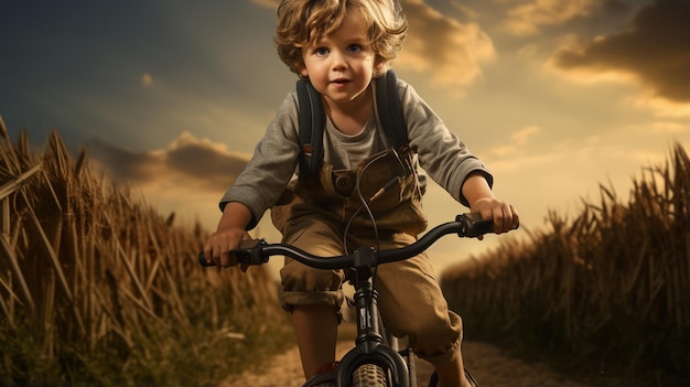 glücklicher Junge fährt bei Sonnenuntergang auf dem Feld Fahrrad