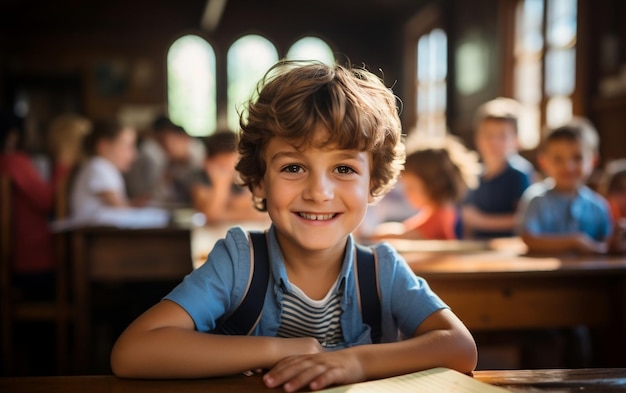 Glücklicher Junge in der Schule in seinem Klassenkonzept Zurück zur Schule Generative KI