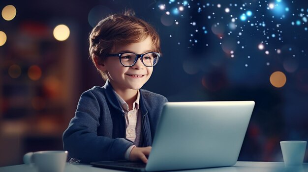 Glücklicher Junge sitzt an seinem Schreibtisch mit Laptop-Computer