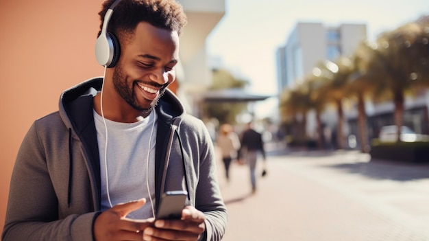 Glücklicher junger Mann hält sein Mobiltelefon in der Hand und genießt Musik, die er über drahtlose Kopfhörer auf dem Fußweg hört