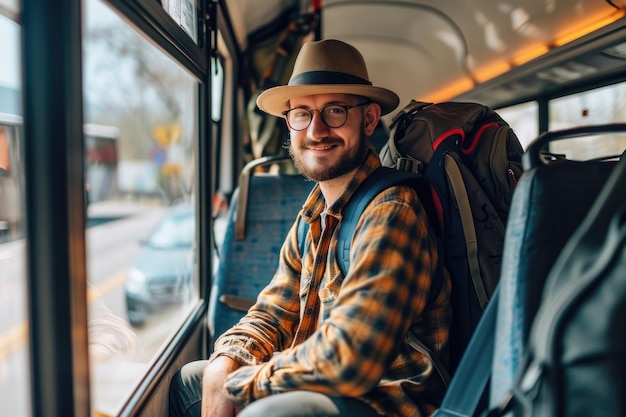 Glücklicher junger Mann im Touristenbus mit Rucksack