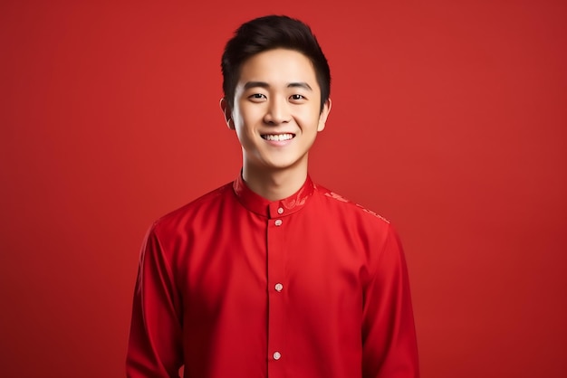 Glücklicher junger Mann in chinesischem Hemd mit rotem Hintergrund Raum für Text