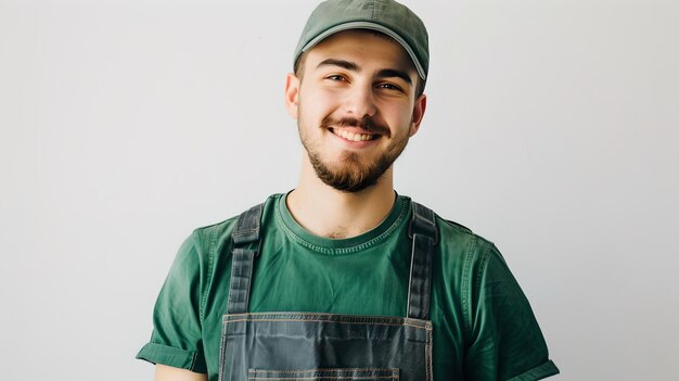 Foto glücklicher junger mann in lässiger arbeitsbekleidung, lächelnd, selbstbewusst, positive arbeitshaltung, ideal für geschäftliche und dienstleistungsorientierte kampagnen, ki