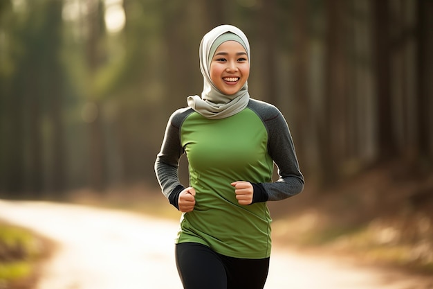 Foto glücklicher junger muslim in hijab joggt an einem sonnigen tag im freien im stil von grünem und braunem collab