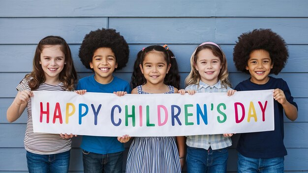 Foto glücklicher kindertag kinder mit banner glücklicher kindertagstext generativ ai