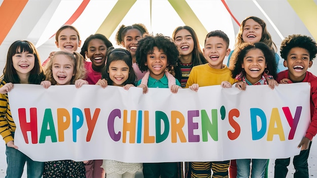 Foto glücklicher kindertag kinder mit banner glücklicher kindertagstext generativ ai