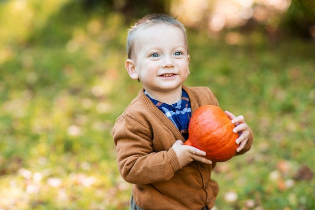 Glücklicher kleiner Junge, der einen Kürbis für Halloween pflückt