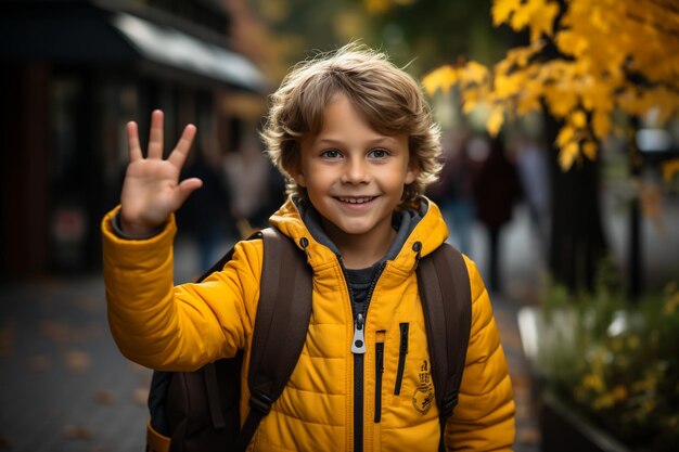 Glücklicher kleiner Junge mit Handtasche, der auf dem Weg zur Mittelschule oder Highschool geht, aufgeregt.