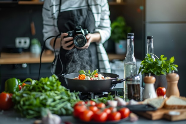 Foto glücklicher koch kocht in der küche mit einer professionellen kamera generative ki