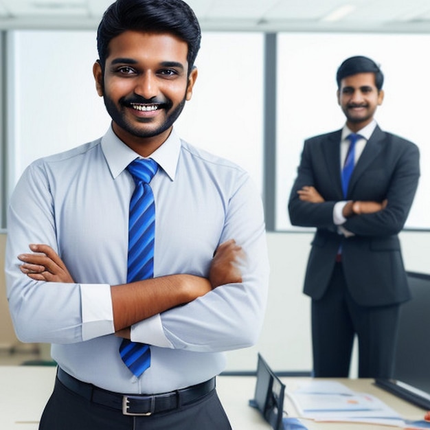 glücklicher lächelnder indischer Geschäftsmann Führer blickt zuversichtlich weg steht im Büro lächelnd junger professioneller Geschäftsmann Manager und Geschäftsführer aus Indien