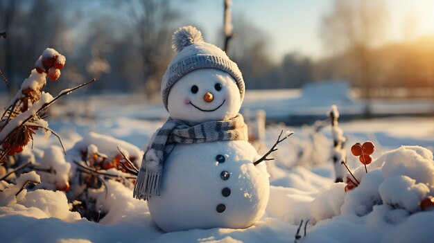 Glücklicher lächelnder Schneemann an einem sonnigen Wintertag