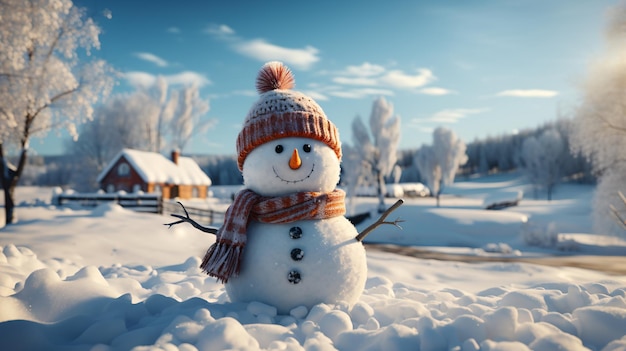 Glücklicher lächelnder Schneemann an einem sonnigen Wintertag