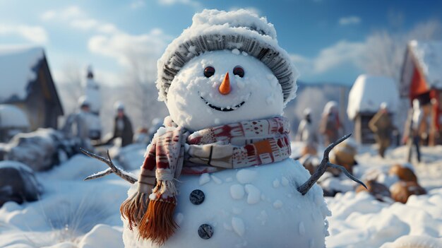 Glücklicher lächelnder Schneemann an einem sonnigen Wintertag