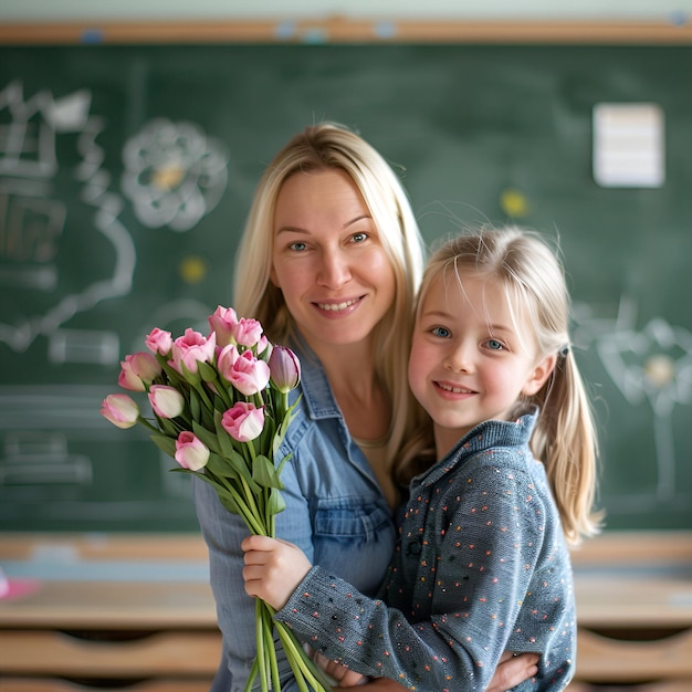 Glücklicher Lehrertag im Hintergrund Schüler umarmt sich mit dem Lehrer und hält einen Blumenstrauß