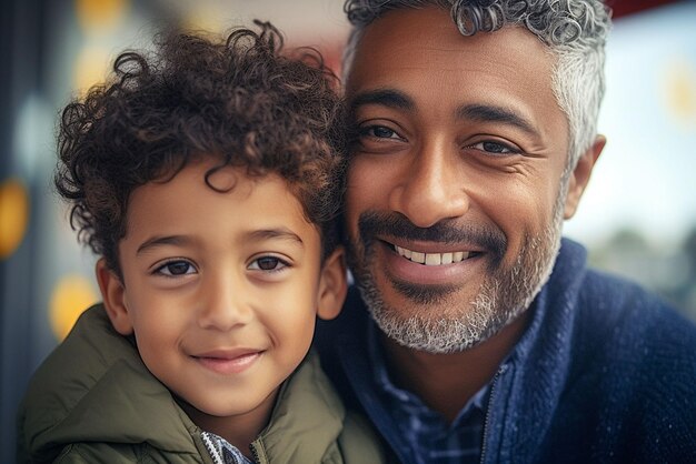 Glücklicher liebevoller Familienvater und sein Sohn spielen und umarmen sich im Freien