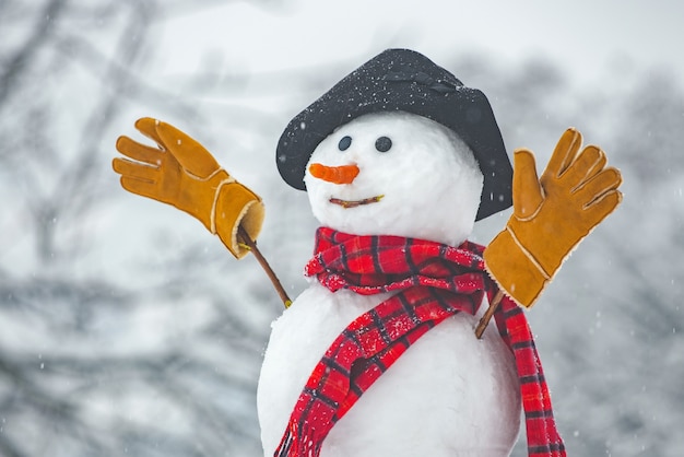 Glücklicher lustiger schneemann im schnee schneemann im winterhut schneemann im freien lustige schneemänner niedlich