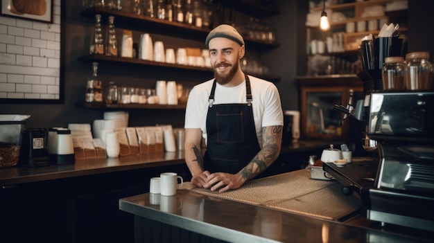 Glücklicher männlicher Barista mit Schürze, der in einem Café an der Theke steht Generative AI AIG21