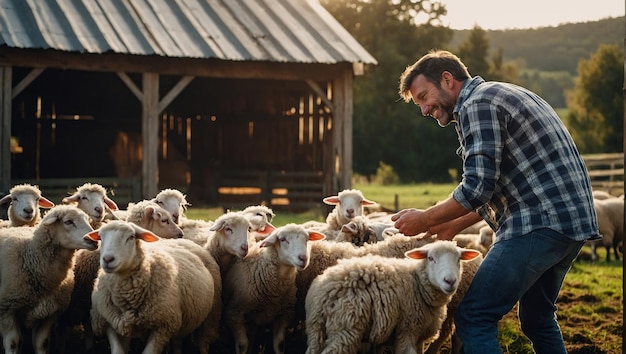 Glücklicher männlicher Bauer in geradeltem Hemd mit Schafen in der Scheune auf dem Bauernhof