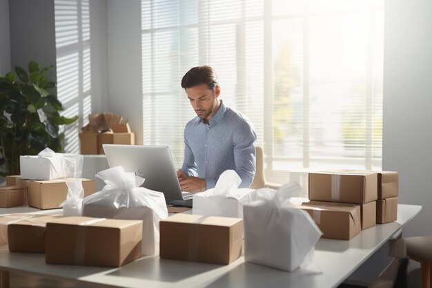 Glücklicher männlicher Geschäftsinhaber, der Pakete im weißen Raum verpackt