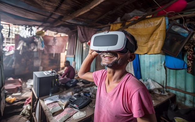 Glücklicher Mann in Virtual-Reality-Brille in den Slums und Chaos Flucht aus dem virtuellen Lebenskonzept der Realität