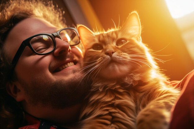 Glücklicher Mann Liebeshause liebenswerte Kätzchen Zuhause schöne kaukasische Tier Hauskatze Erwachsene Person Pelz Porträt junger süßer Besitzer Säugetier