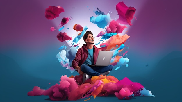 Glücklicher Mann mit Laptop auf einem einfachen Hintergrund superrealistische Illustration Vektor lebendige Farben