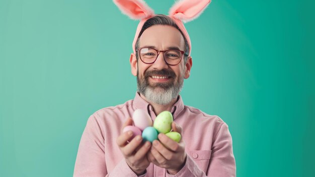 Foto glücklicher mann mit süßem hase-ohrband hält ostereier auf hellgrünem hintergrund kreatives banner