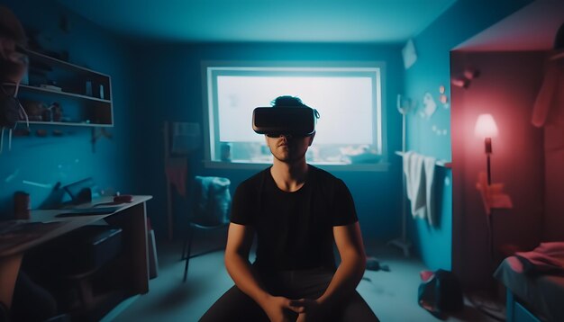 Foto glücklicher mann mit virtual-reality-brille in einem chaos in einem raum zu hause videospielsucht virtuelles leben c