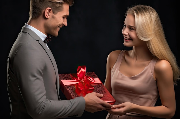 Glücklicher Mann überreicht der Frau ein rotes Geschenk zum Valentinstag, zur Weihnachtszeit, generative KI