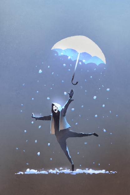 glücklicher Mann wirft einen Fantasy-Regenschirm mit fallendem Schnee hoch, der Winter kommt, Illustrationsmalerei
