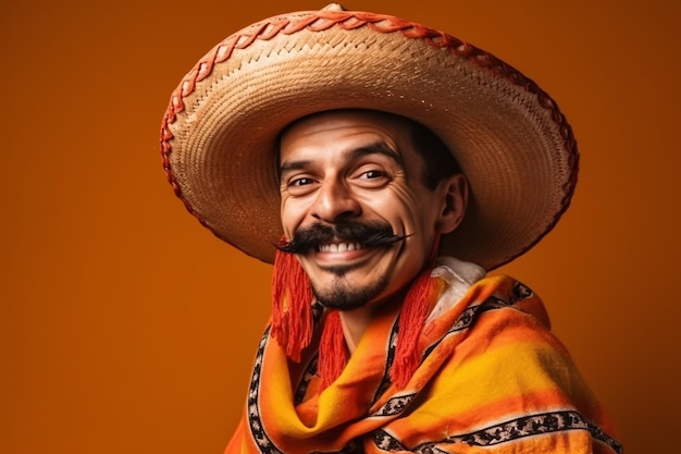 Glücklicher mexikanischer Mann in Sombrero und hellem Poncho isoliert auf farbigem Hintergrund, der den Cinco de Mayo Nationalfeiertag Generative Ai feiert