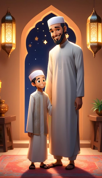 Glücklicher muslimischer Vater und Kind im Ramadan, generiert von KI