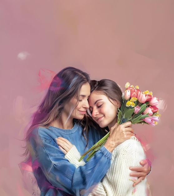 Glücklicher Muttertag Kopie Weltraum Poster Mutter und Tochter zusammen mit Blumen