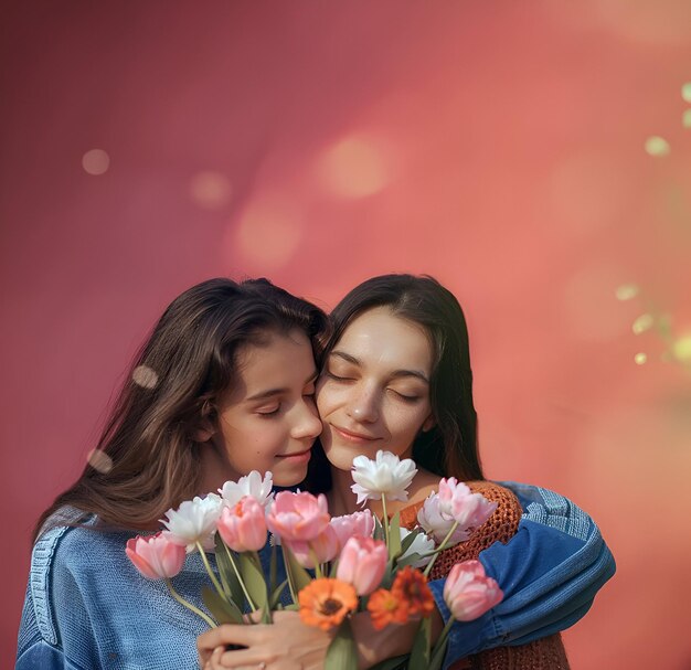Glücklicher Muttertag Kopie Weltraum Poster Mutter und Tochter zusammen mit Blumen