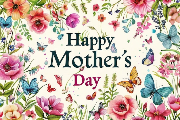Glücklicher Muttertag mit lebendigen Blumen und Schmetterlingen ein herzerwärmendes Grußkarten-Design
