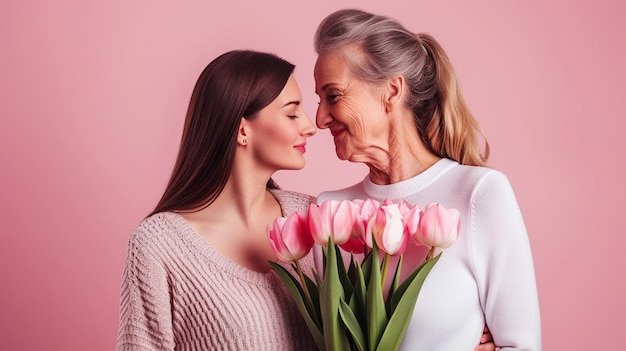 Glücklicher Muttertag schöner junger Frau und ihrer Mutter mit Blumen