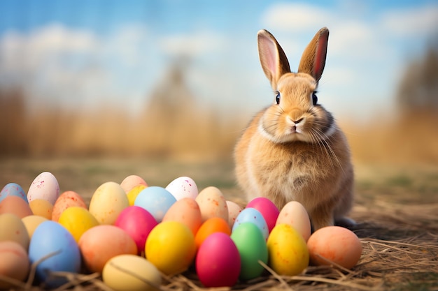 Glücklicher Oster-Hintergrund mit Eiern und Hase