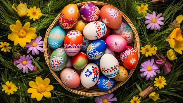 Glücklicher Osterdag, bunte Eier in einem Korb mit Blumen und niedlichen Welpen, Pommern, Mischrasse Peking