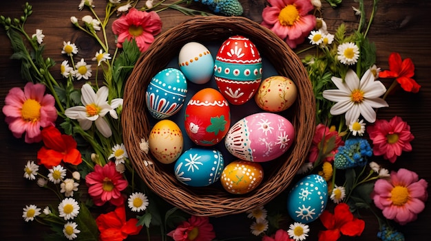 Glücklicher Osterdag, bunte Eier in einem Korb mit Blumen und niedlichen Welpen, Pommern, Mischrasse Peking