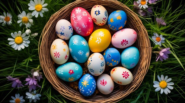 Glücklicher Osterdag, bunte Eier in einem Korb mit Blumen und niedlichen Welpen, Pommern, Mischrasse Peking