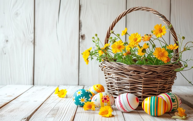 Glücklicher Osterfest mit Blumen und Eiern auf dem weißen Holzboden