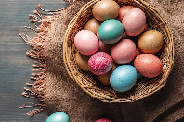 Glücklicher Ostertag mit bemalten Eiern farbenfrohen in dem Korb oder Nest auf hölzern Hintergrund oder Kopierraum