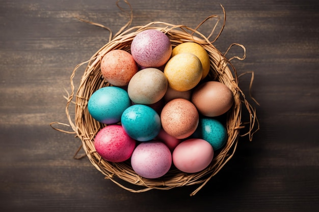 Glücklicher Ostertag mit bemalten Eiern farbenfrohen in dem Korb oder Nest auf hölzern Hintergrund oder Kopierraum