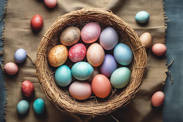 Glücklicher Ostertag mit bemalten Eiern farbenfrohen in dem Korb oder Nest auf hölzern Hintergrund oder Kopierraum