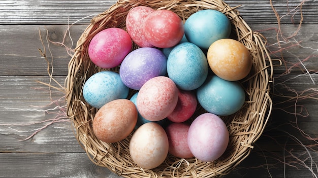 Glücklicher Ostertag mit bemalten Eiern farbenfrohen in dem Korb oder Nest auf hölzern Hintergrund oder Kopierraum