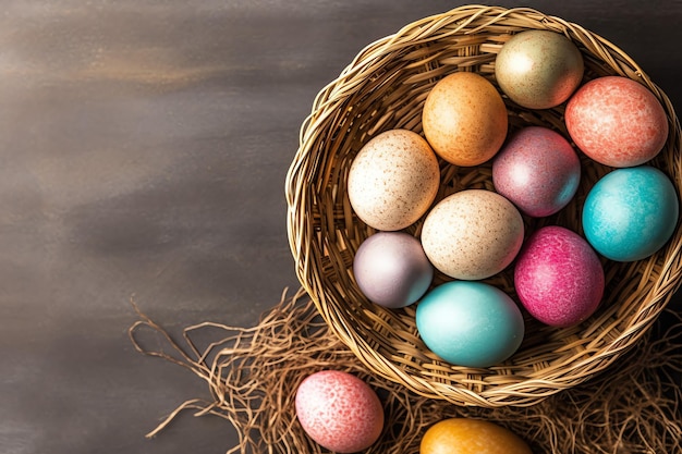 Glücklicher Ostertag mit bemalten Eiern farbenfrohen in dem Korb oder Nest auf hölzern Hintergrund oder Kopierraum