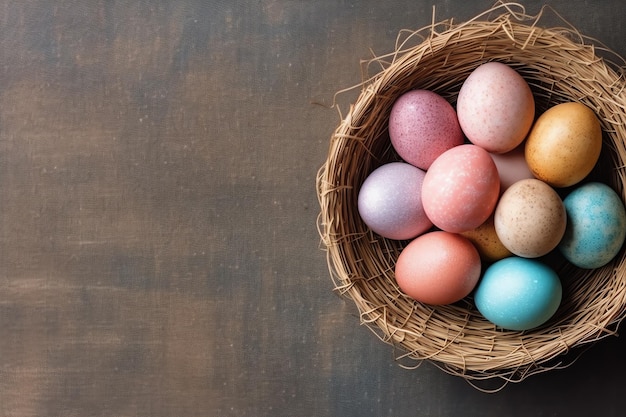 Glücklicher Ostertag mit bemalten Eiern farbenfrohen in dem Korb oder Nest auf hölzern Hintergrund oder Kopierraum