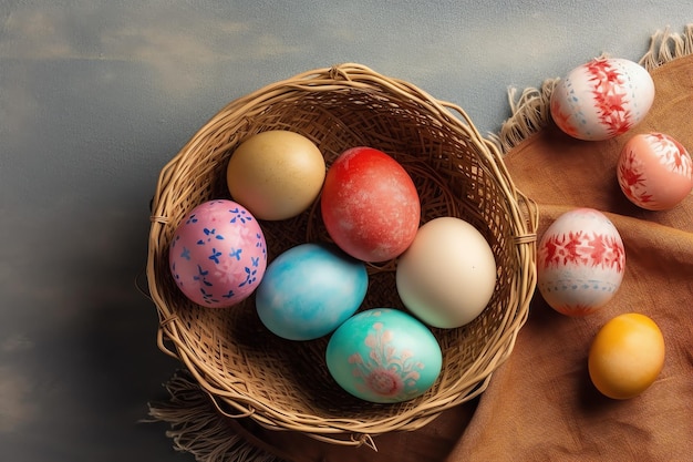 Glücklicher Ostertag mit bemalten Eiern farbenfrohen in dem Korb oder Nest auf hölzern Hintergrund oder Kopierraum