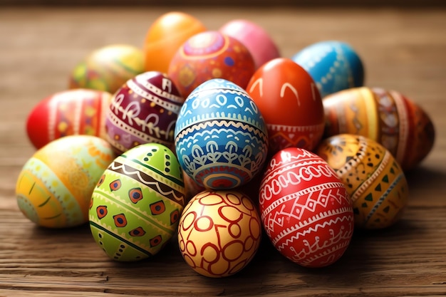 Glücklicher Ostertag mit bemalten Eiern farbenfrohen in dem Korb oder Nest auf hölzern Hintergrund oder Kopierraum