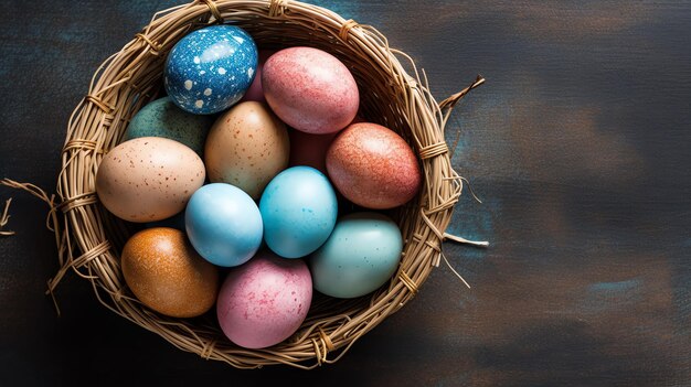 Glücklicher Ostertag mit bemalten Eiern farbenfrohen in dem Korb oder Nest auf hölzern Hintergrund oder Kopierraum